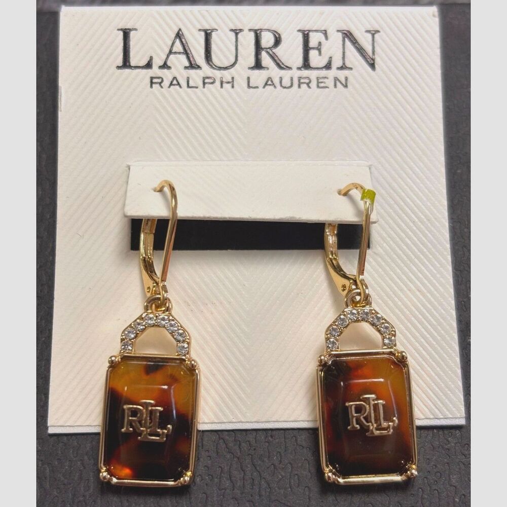 NWT Lauren Ralph Lauren Tortoiseshell Gold Logo Drop Earrings